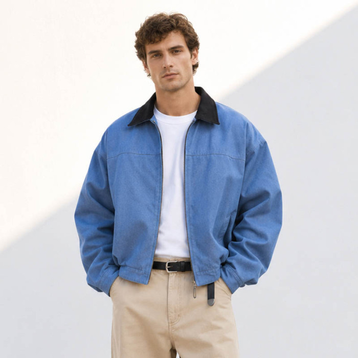 Custom Work Jacket With Contrast Collar and Zip Front