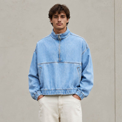 Custom Half Zip Denim Jacket With Stand Collar