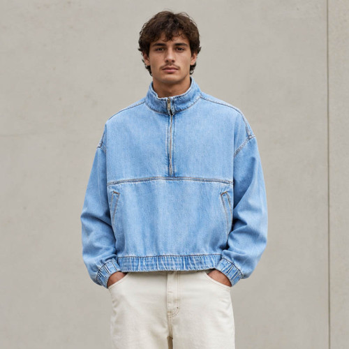 Custom Half Zip Denim Jacket With Stand Collar