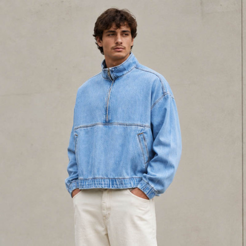 Custom Half Zip Denim Jacket With Stand Collar