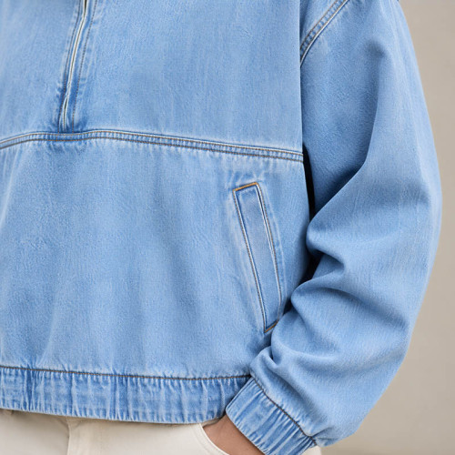 Custom Half Zip Denim Jacket With Stand Collar