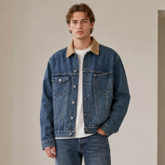Custom Denim Jacket With Corduroy Collar and Flap Pockets