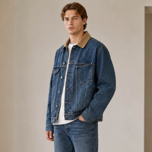 Custom Denim Jacket With Corduroy Collar and Flap Pockets