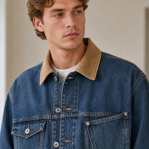 Custom Denim Jacket With Corduroy Collar and Flap Pockets