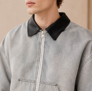 Custom Grey Denim Jacket With Contrast Collar and Zip Front