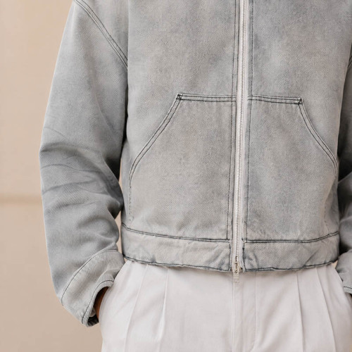 Custom Grey Denim Jacket With Contrast Collar and Zip Front