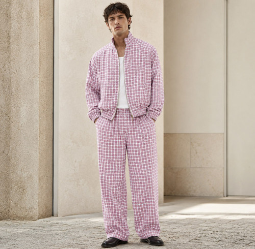 Custom Tracksuit Set in Pink Plaid Woven Fabric