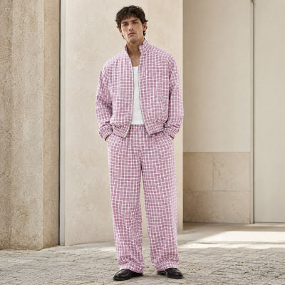 Custom Tracksuit Set in Pink Plaid Woven Fabric