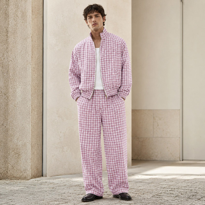 Custom Tracksuit Set in Pink Plaid Woven Fabric