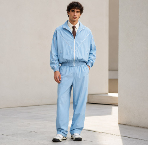 Custom Tracksuit Set in Light Blue Woven Fabric