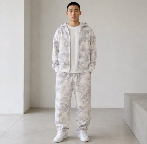Custom Tracksuit Set in White Camo Fleece