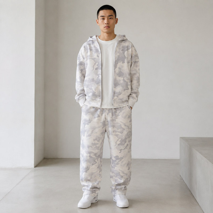 Custom Tracksuit Set in White Camo Fleece