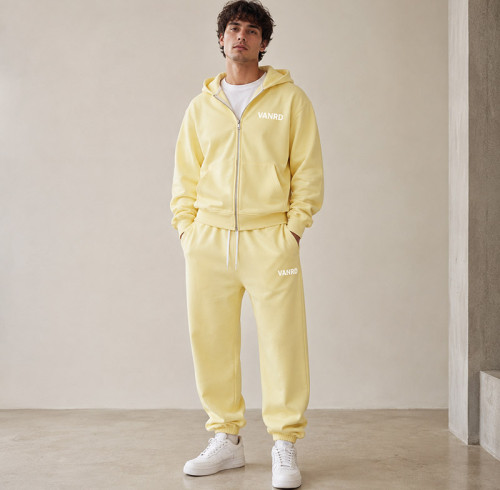 Custom Tracksuit Set in Pastel Yellow Zip Hoodie