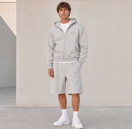 Custom Tracksuit Set in Grey Zip Hoodie Shorts