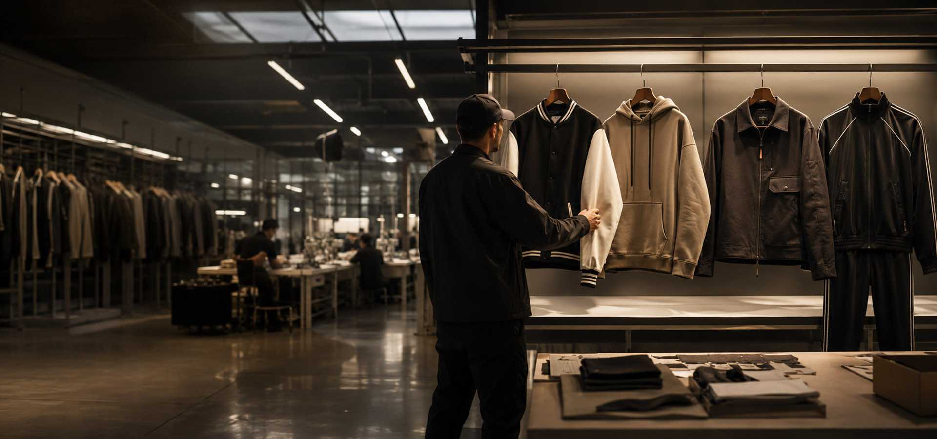 Established apparel brand switching manufacturers with premium streetwear garments in a modern factory showroom