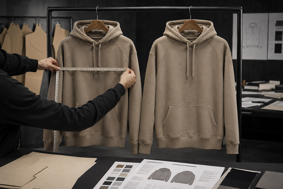 Fit consistency inspection comparing approved sample and bulk production garment