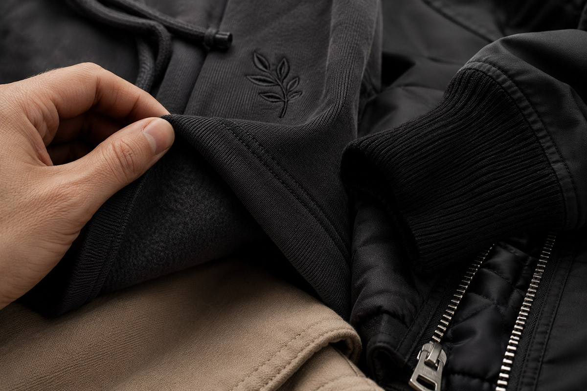 Premium fabric quality and garment construction close-up for custom apparel manufacturing