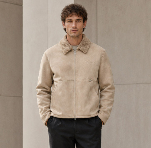 Custom Sherpa Collar Suede Jacket in Beige