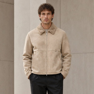 Custom Sherpa Collar Suede Jacket in Beige