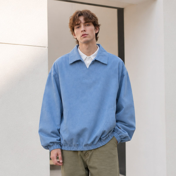 Custom Sweatshirt With Washed Blue Polo Collar