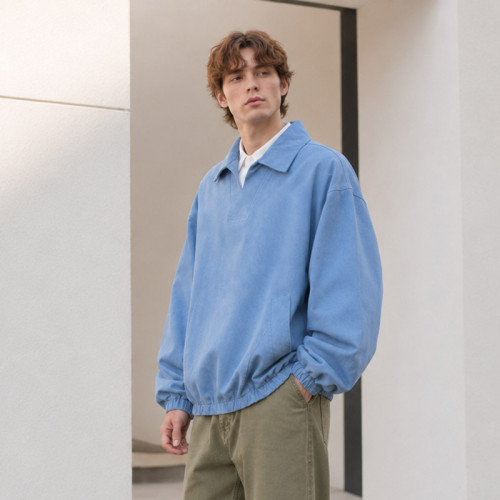 Custom Sweatshirt With Washed Blue Polo Collar