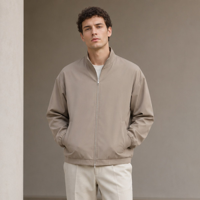 Custom Bomber Jacket in Stone Grey Woven Fabric