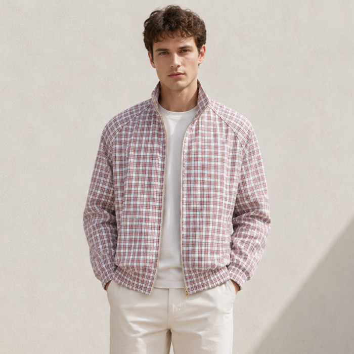 Custom Plaid Zip Jacket in Red Check Fabric