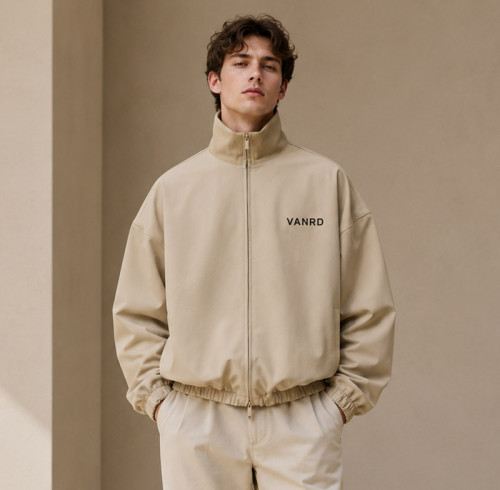 Custom Stand Collar Zip Jacket in Sand Beige