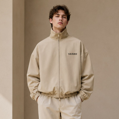 Custom Stand Collar Zip Jacket in Sand Beige