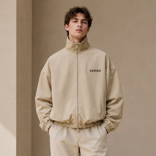 Custom Stand Collar Zip Jacket in Sand Beige