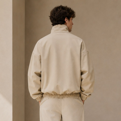 Custom Stand Collar Zip Jacket in Sand Beige