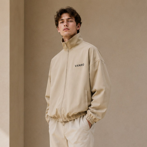 Custom Stand Collar Zip Jacket in Sand Beige