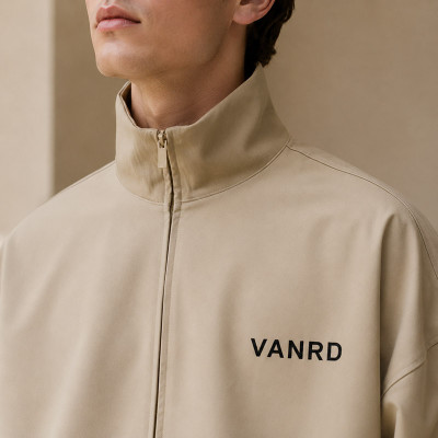 Custom Stand Collar Zip Jacket in Sand Beige