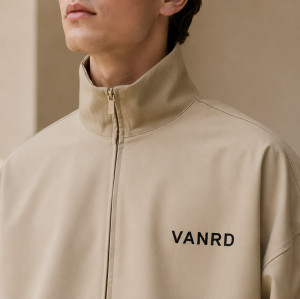 Custom Stand Collar Zip Jacket in Sand Beige