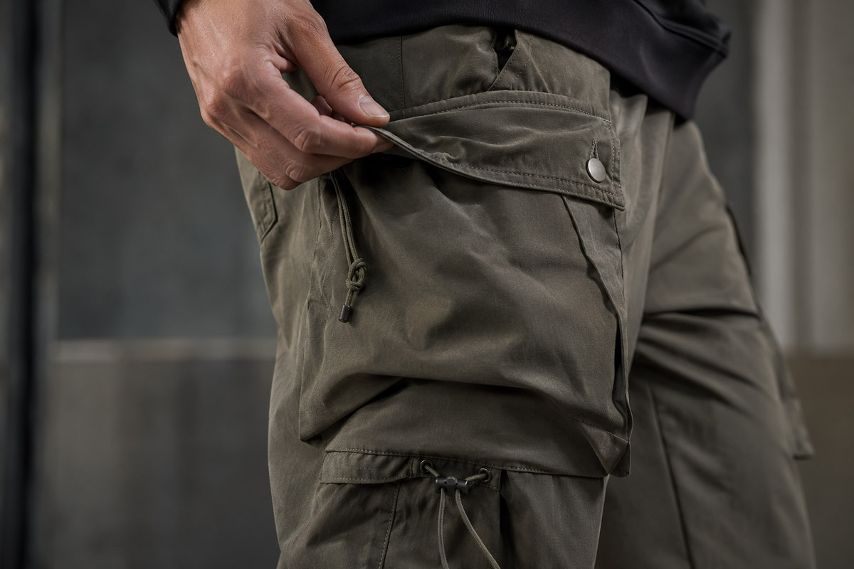 Cargo pants pocket construction waistband stitching and utility details for streetwear production
