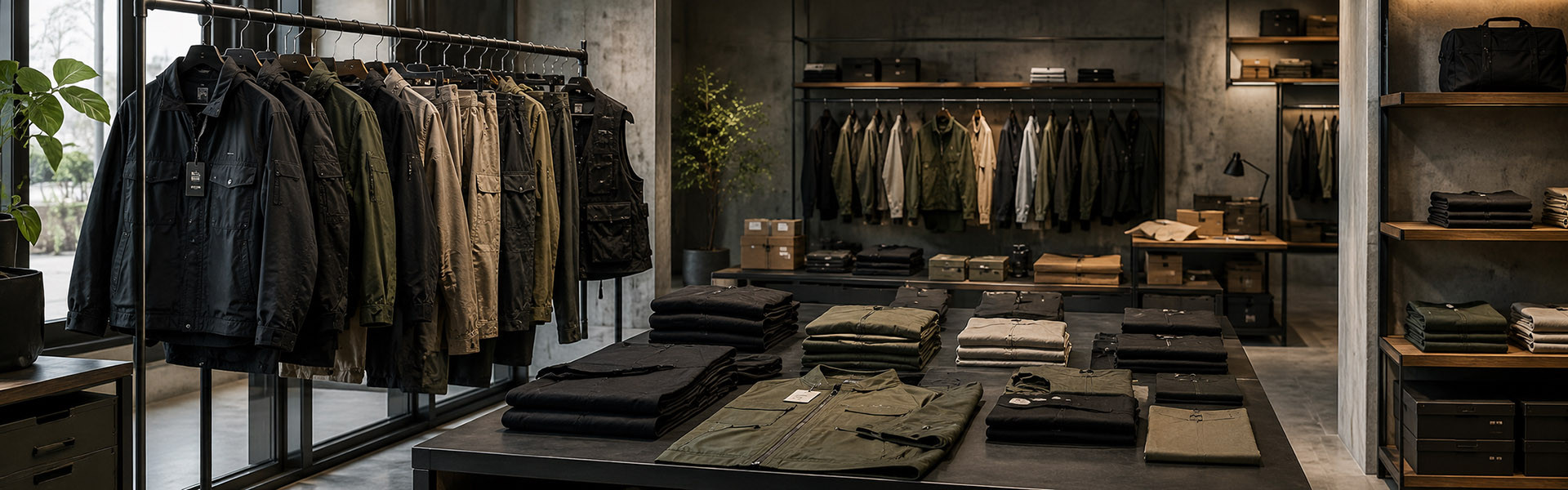 Utility streetwear manufacturing partner preparing work jackets cargo pants and technical outerwear for bulk production