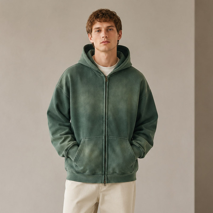 Custom Zip Up Hoodies Manufacturer | Washed Green