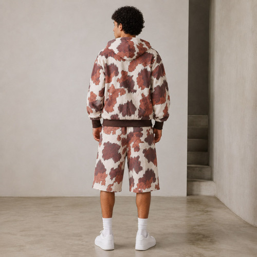 Custom Cow Print Zip Hoodie and Shorts Tracksuit Set