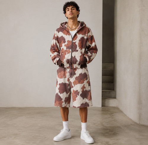 Custom Cow Print Zip Hoodie and Shorts Tracksuit Set