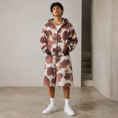 Custom Cow Print Zip Hoodie and Shorts Tracksuit Set