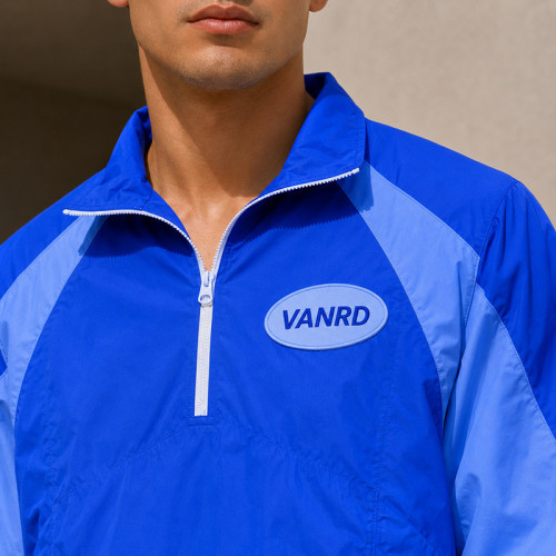 Custom Blue Color Block Nylon Tracksuit Set Half-Zip Jacket