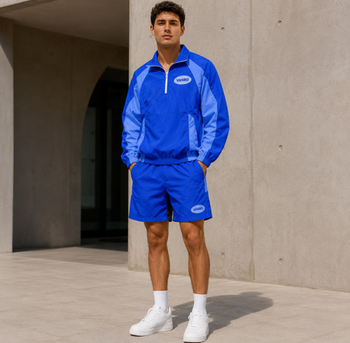 Custom Blue Color Block Nylon Tracksuit Set Half-Zip Jacket