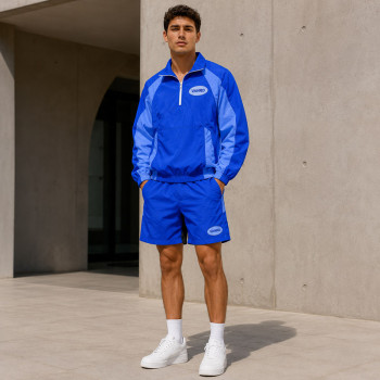 Custom Blue Color Block Nylon Tracksuit Set Half-Zip Jacket