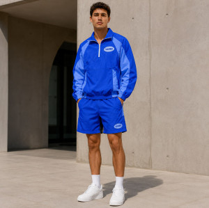 Custom Blue Color Block Nylon Tracksuit Set Half-Zip Jacket
