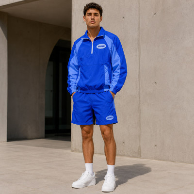 Custom Blue Color Block Nylon Tracksuit Set Half-Zip Jacket