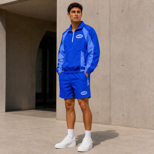 Custom Blue Color Block Nylon Tracksuit Set Half-Zip Jacket
