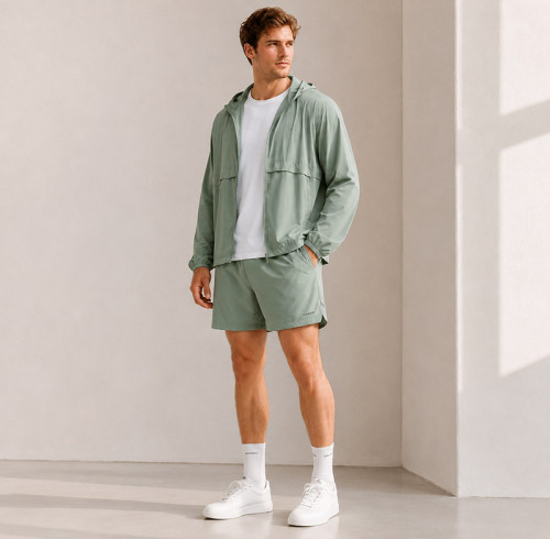 Custom Sage Green Nylon Hooded Tracksuit Set with Shorts