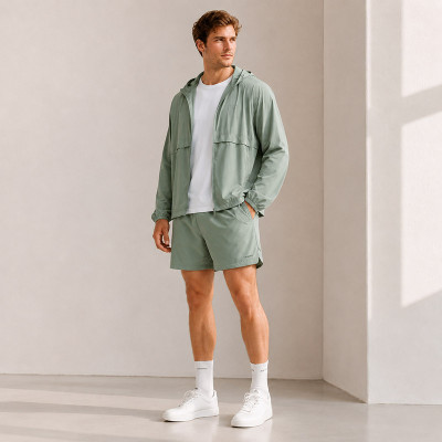 Custom Sage Green Nylon Hooded Tracksuit Set with Shorts