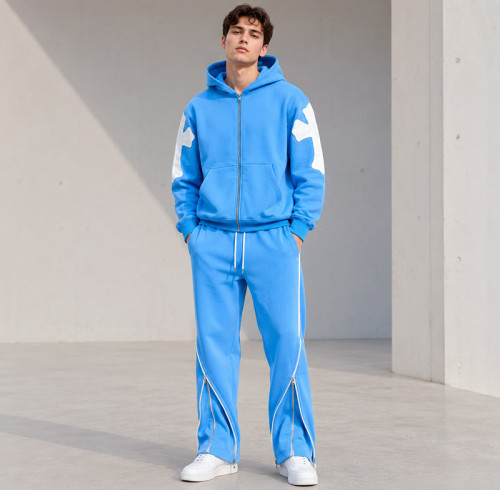 Custom Blue Fleece Tracksuit Set Cross Patch Side Zipper