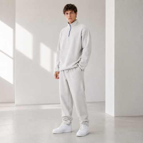 Custom Light Gray Quarter-Zip Fleece Tracksuit Set Minimalist